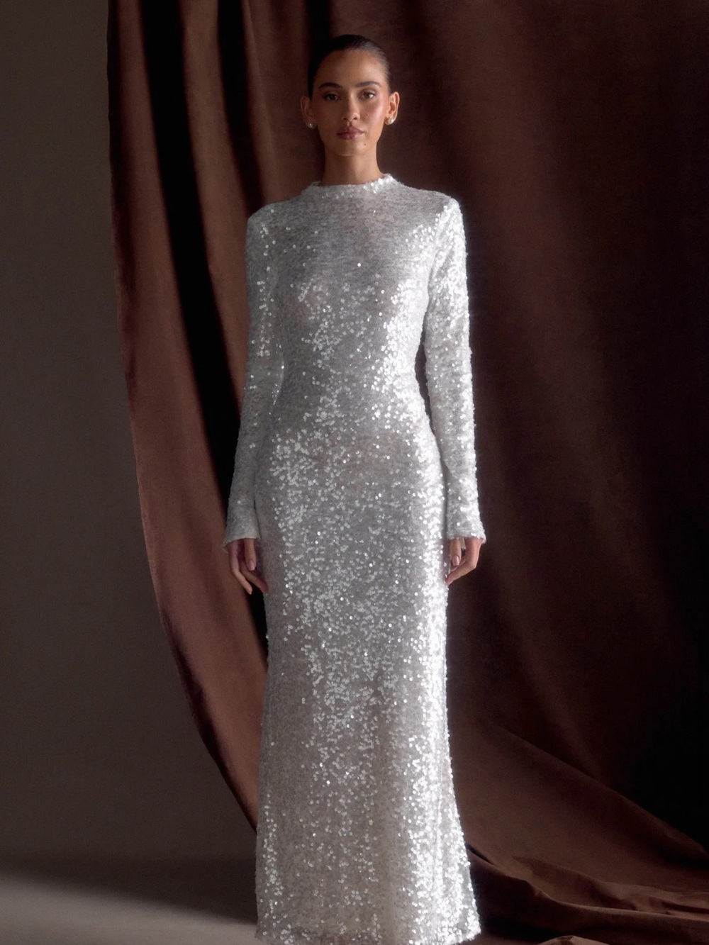 Meshki Long Sleeve Sequin Maxi Dress - White